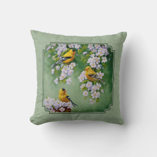 Goldfinch Birds and Flowers Green Cushion