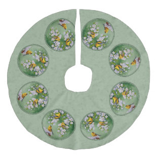 Goldfinch Birds and Flowers Green Faux Linen Tree Skirt