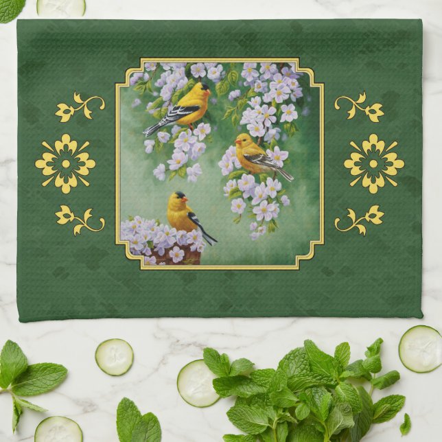 Goldfinch Birds and Flowers Green Tea Towel (Folded)