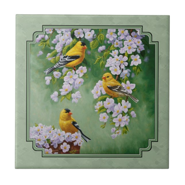Goldfinch Birds and Flowers Green Tile (Front)