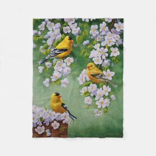 Goldfinch Birds & Apple Blossom Flowers Fleece Blanket
