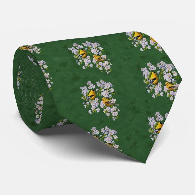 Goldfinch Birds & Apple Blossoms Green Tie (Rolled)