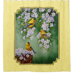 Goldfinch Birds & Apple Blossoms Yellow Shower Curtain