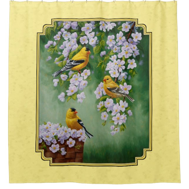 Goldfinch Birds & Apple Blossoms Yellow Shower Curtain (Front)