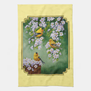 Goldfinch Birds & Apple Blossoms Yellow Tea Towel