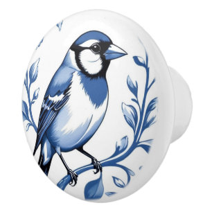 Goldfinch Delft Blue and White Floral Finch Bird Ceramic Knob