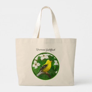 Goldfinch in Dogwood Blossoms Original Bird Art Large Tote Bag