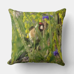 Goldfinch in Wild Flowers Field Throw Pillow