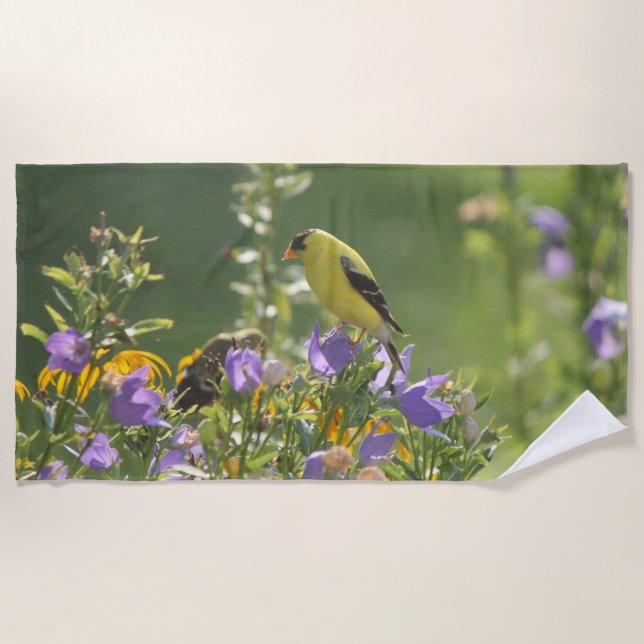 Goldfinch on a Harebell Flower   Beach Towel (Front)