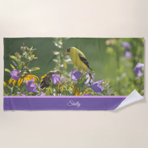 Goldfinch on a Harebell Flower   Beach Towel