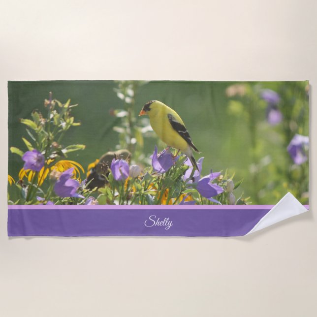 Goldfinch on a Harebell Flower   Beach Towel (Front)