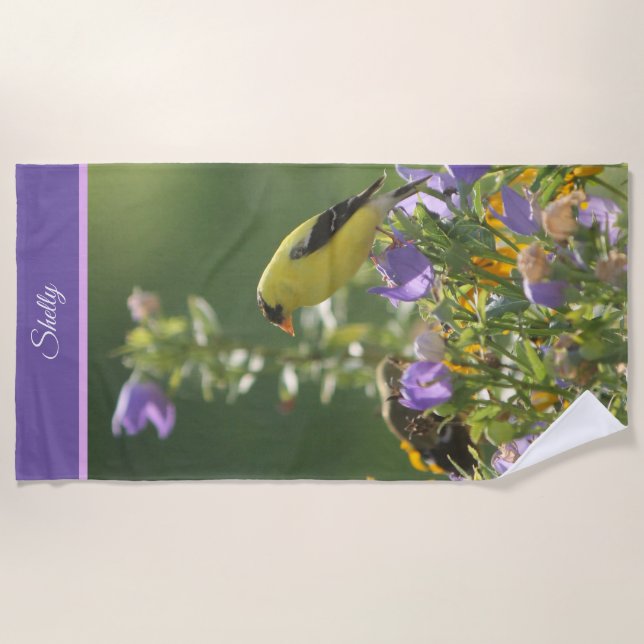 Goldfinch on a Harebell Flower     Beach Towel (Front)