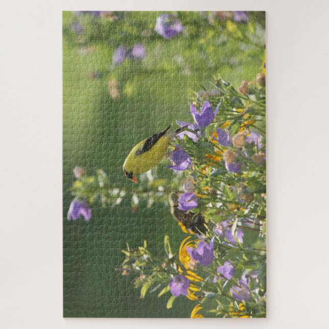 Goldfinch on a Harebell Flower Jigsaw Puzzle (Vertical)