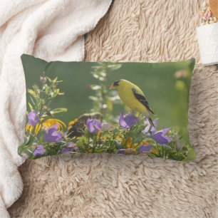 Goldfinch on a Harebell Flower Lumbar Cushion