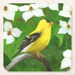 Goldfinch Painting - Cute Original Dog Art Square Paper Coaster