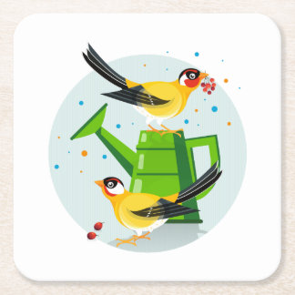 Goldfinch pair sitting gathering berries  square paper coaster
