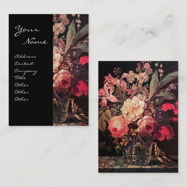 GOLDFINCH,PINK ROSES AND BUTTERFLY BUSINESS CARD (Front/Back)