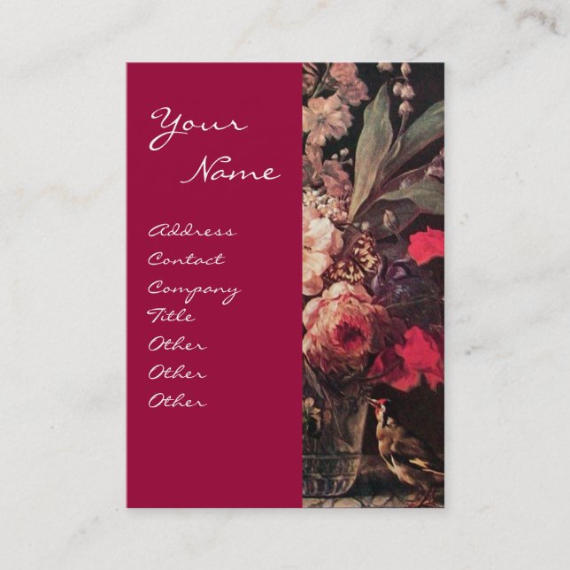 GOLDFINCH,PINK ROSES AND BUTTERFLY BUSINESS CARD (Front)