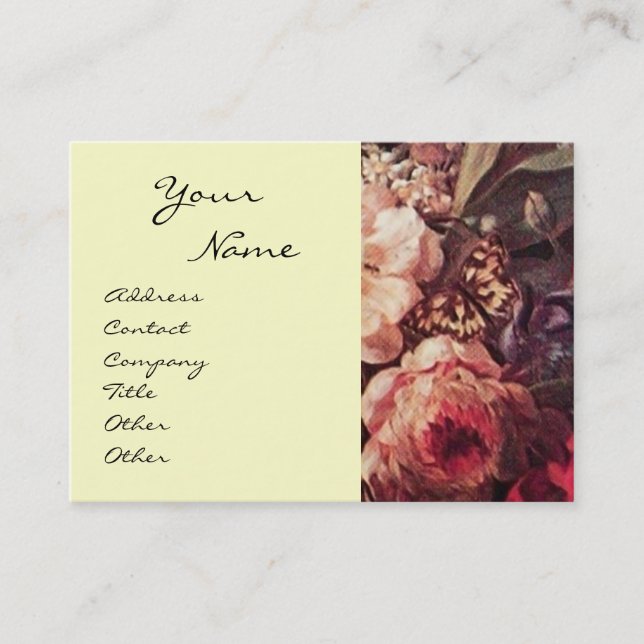GOLDFINCH,PINK ROSES AND BUTTERFLY BUSINESS CARD (Front)