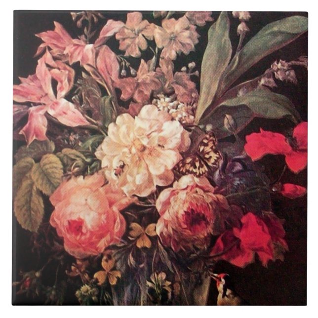 GOLDFINCH,PINK ROSES AND BUTTERFLY Flemish Tile (Front)