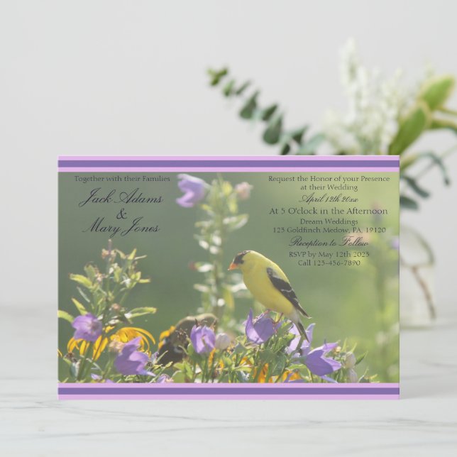 Goldfinch Spring Garden Wedding Invitation (Standing Front)