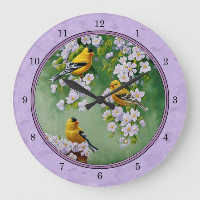 Goldfinch Trio & Apple Blossoms Purple Large Clock (Front)