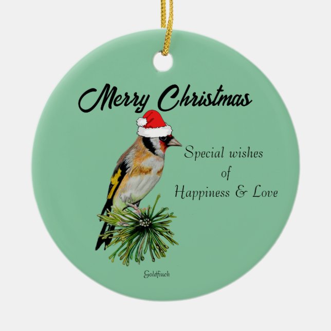 Goldfinch wearing a Santa Hat   Ceramic Tree Decoration (Front)