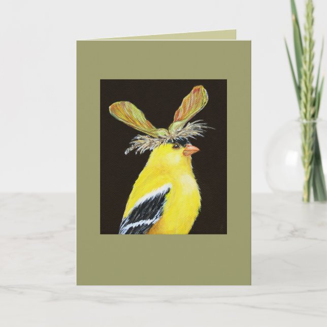 Goldfinch with maple seed hat card (Front)