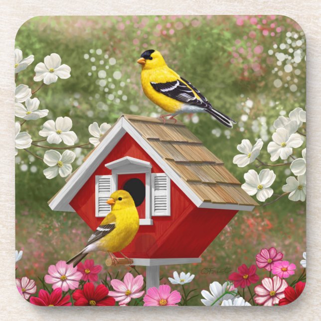 Goldfinches and Cute Cottage Birdhouse Coaster (Front)