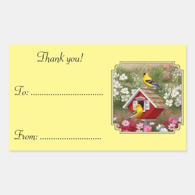 Goldfinches and Cute Cottage Birdhouse Rectangular Sticker (Front)