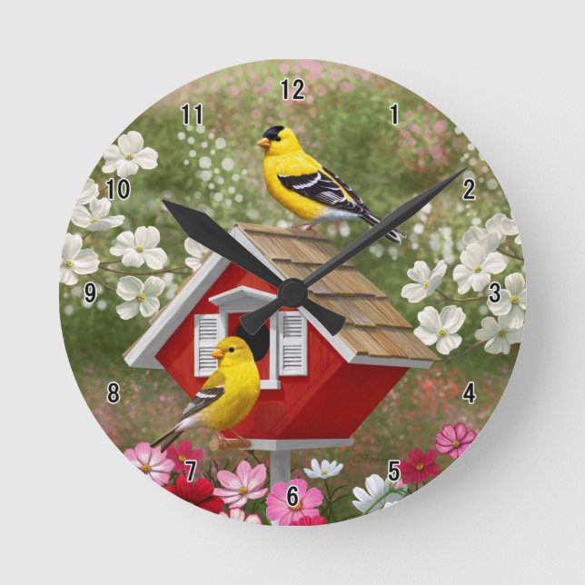 Goldfinches and Cute Cottage Birdhouse Round Clock (Front)