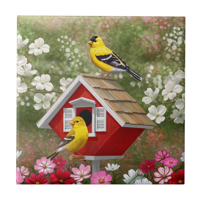 Goldfinches and Cute Cottage Birdhouse Tile (Front)