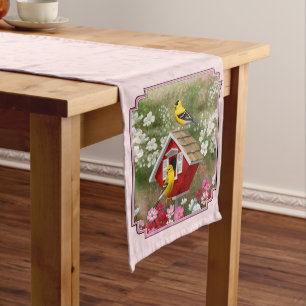 Goldfinches and Red Birdhouse Pink Medium Table Runner