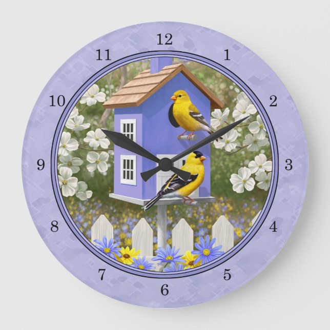 Goldfinches & Cute Birdhouse Lavender Large Clock (Front)