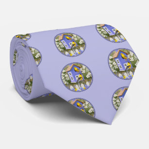 Goldfinches & Cute Birdhouse Lavender Tie