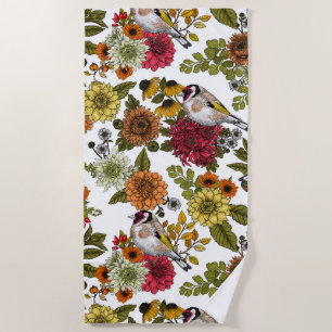 Goldfinches in the garden   beach towel