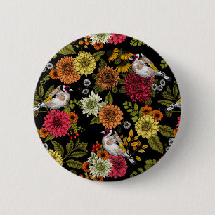 Goldfinches in the garden on black 6 cm round badge