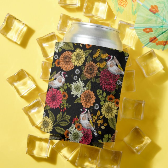 Goldfinches in the garden on black can cooler (In Situ Summer)