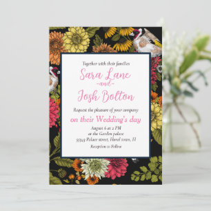 Goldfinches in the garden on black invitation