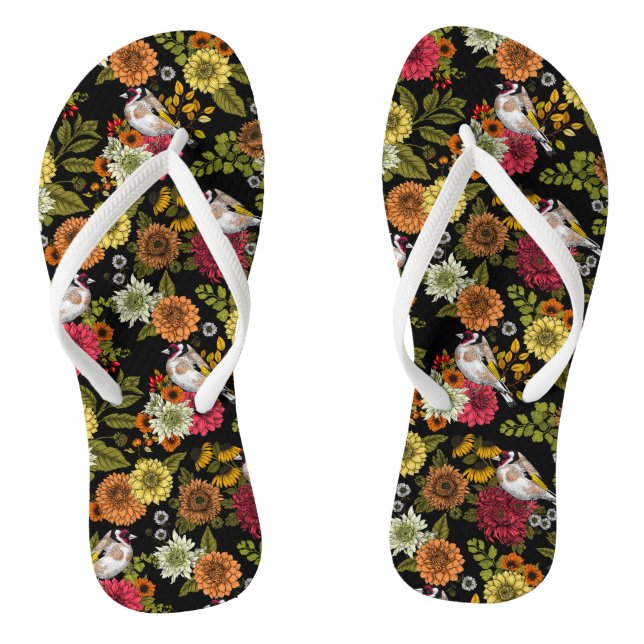 Goldfinches in the garden on black jandals (Footbed)