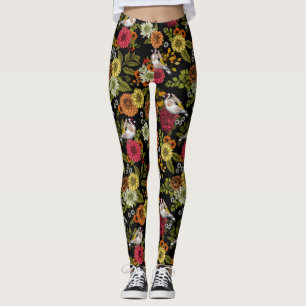 Goldfinches in the garden on black leggings