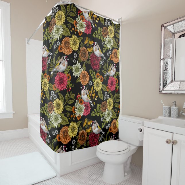 Goldfinches in the garden on black shower curtain (In Situ)