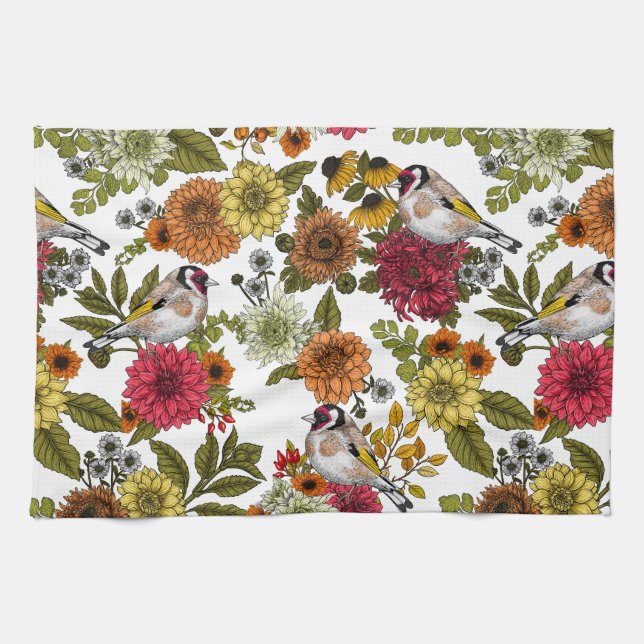 Goldfinches in the garden   tea towel (Horizontal)