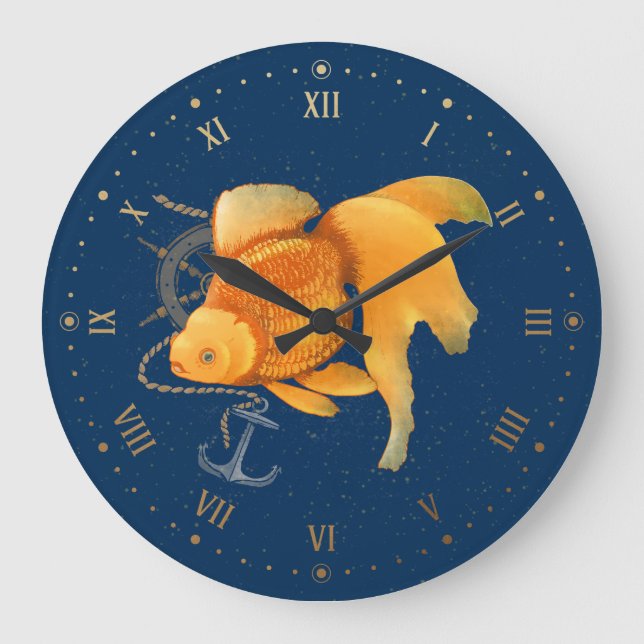 Goldfish Anchor Ship Wheel Nautical Wall Clock (Front)
