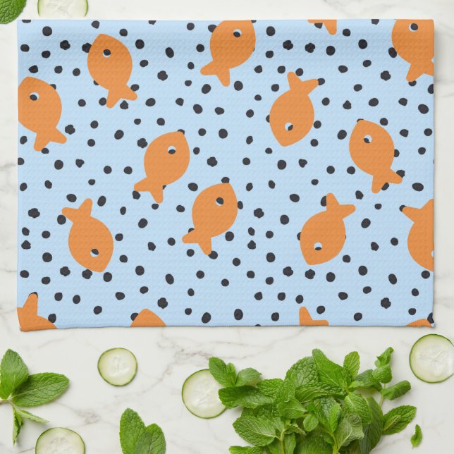 Goldfish Design Orange and Blue Tea Towel (Folded)
