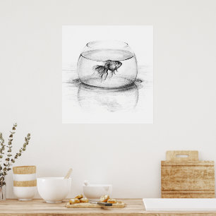 Goldfish in a bowl pencil art Poster print