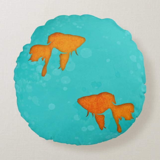 Goldfish orange silhouettes in turquoise water round cushion (Front)