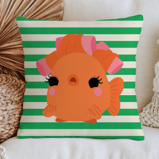 Goldfish with Hair Rolls On Green Stripes Quirky Cushion