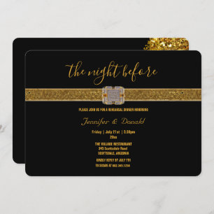 GoldGlitter Ribbon Diamond Brooch Rehearsal Dinner Invitation
