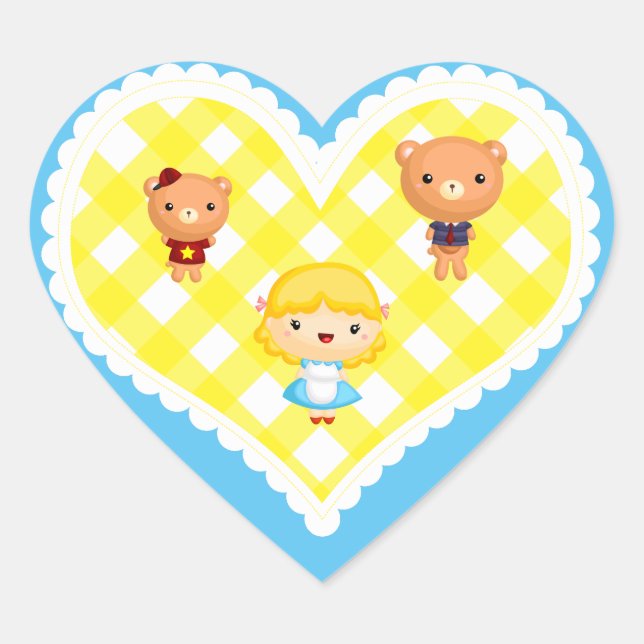 Goldilocks and the Three Bears on Yellow Gingham Heart Sticker (Front)